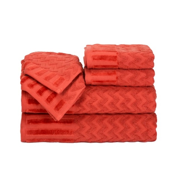 6-Piece Cotton Deluxe Plush Bath Towel Set, Chevron Pattern Spa Luxury Decorative Towels (Brick)